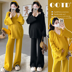 实拍 现 孕妇冬装套装2025新款毛衣针织衫阔腿裤秋冬季三件套穿搭