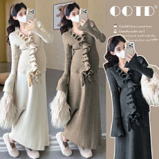 实拍 现 孕妇装针织套装喇叭袖上衣两件套毛衣针织半裙小香风套装