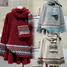 批发原版现现 费尔岛风提花毛衣套装女秋冬复古慵懒风圆领针织衫送围