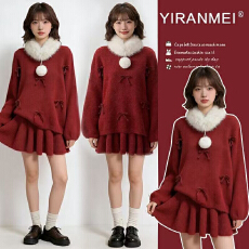 批发现现 孕妇装秋冬新款圣诞慵懒宽松甜美毛上衣+短裙+围巾三件套