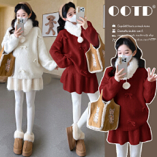 实拍 现现 孕妇装千金风毛领蝴蝶结针织套装秋冬款一整套穿搭