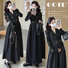 实拍 现现 孕妇装时尚感印花赫本风连衣裙春季新款宽松显瘦遮肚