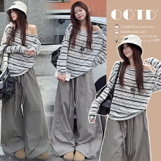 批发现现 孕妇装春季慵懒风套装条纹长袖T恤宽松上衣<b class='q'>百搭</b>阔腿裤两件套