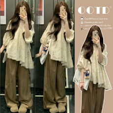 批发现 <b class='q'>孕妇装</b>不规则镂空钩花<b class='q'>短袖</b>衬衫夏季宽松显瘦阔腿裤穿搭一套