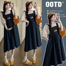 实拍  孕妇装2026夏装新品刺绣连衣裙牛仔背带裙泡泡袖上衣两件套