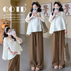 批发实拍現货~孕妇装别致镂空钩花V领衬衫夏季高腰宽松休闲裤两件套