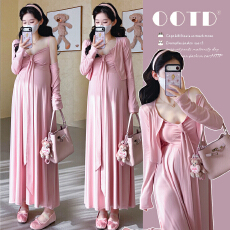 批发实拍现现~ <b class='q'>孕妇装</b>纯欲风蝴蝶结吊带连衣裙新款显瘦A字裙大摆长裙