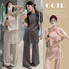 批发实拍现现~<b class='q'>孕妇装</b>时尚<b class='q'>百搭</b>针织衫阔腿裤两件套夏季显瘦休闲套装