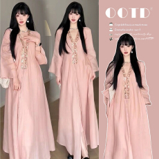 批发现现~<b class='q'>孕妇装</b>穿搭漂亮粉色v领亚麻<b class='q'>连衣裙</b>子女2026新款夏装