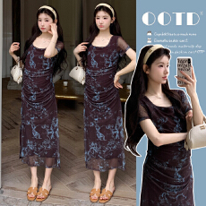 实拍  孕妇装2026墨染复古修身时尚连衣裙开叉包臀新款短袖长裙