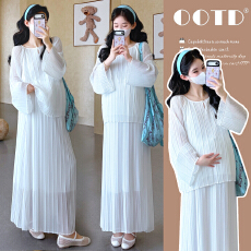 批发实拍現货~孕妇装法式复古<b class='q'>喇叭袖</b>长袖上衣2026新款显瘦半身裙套装