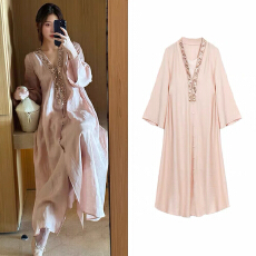 批发实拍~孕妇装夏季新款<b class='q'>钉珠</b>亮片V领轻奢名媛度假风长款气质<b class='q'>连衣裙</b>女