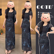 批发实拍现现~孕妇装墨染修身连衣裙夏新款捏褶收气质开叉包臀长裙