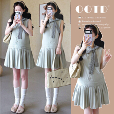 批发实拍 现~<b class='q'>孕妇</b><b class='q'>小个子</b><b class='q'>连衣裙</b>韩系学院风无袖条纹系带裙显瘦减龄短裙