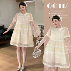 批发现~孕妇装2026<b class='q'>夏</b>季新款韩系娃娃领甜美蕾丝边泡泡袖连衣裙
