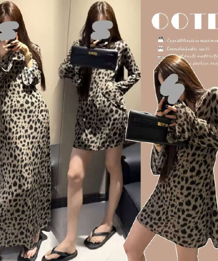 출산 착용 이른 가을 2026 새로운 한국 스타일 패션 레오파드 무늬 프린트 디자인 핫걸 몸매 가꾸기 긴팔 드레스