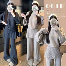批发实拍 现 孕妇装秋季慵懒风松弛感穿搭气质针织屁帘阔腿裤两件套