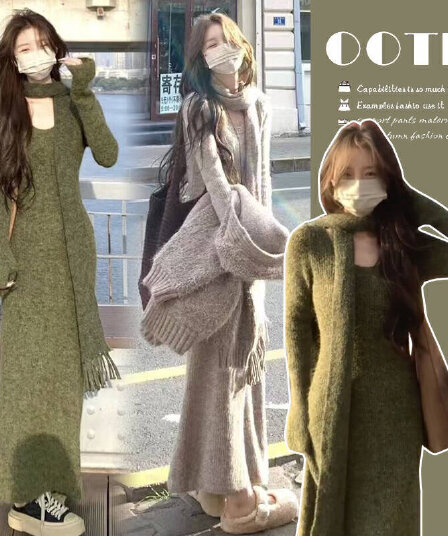 질량 지금 지금 출산 착용 가을 새로운 더블 색상 스카프 스웨터 드레스 여성 뜨개질 드레스 인사이드 가져 가라. A라인 스커트