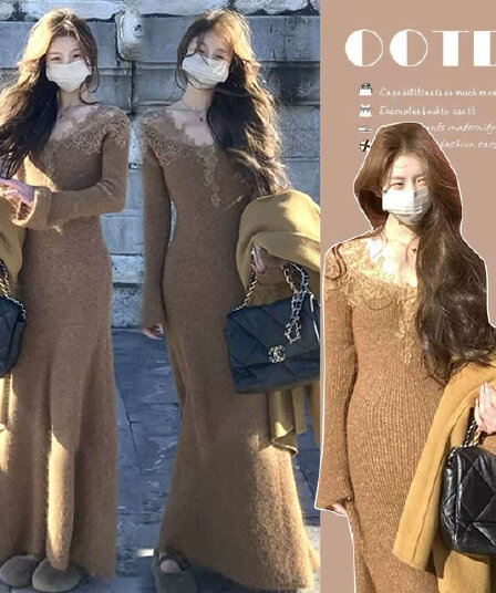 지금 지금 출산 착용 가을 겨울철 인사이드 가져 가라. 기본 스커트 여성 레이스 조각 여성 드레스 니트 스웨터 치마