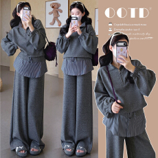 批发实拍 现 孕妇装韩系chic条纹上衣<b class='q'>休闲</b>裤两件套2026新款设计感穿搭