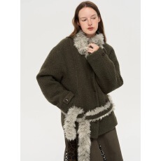 冬季西普 慕斯毛领夹棉温暖苔绿含羊毛呢大衣外套