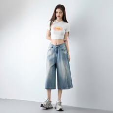 批发美式浅蓝显瘦高腰宽松阔腿裤垂<b class='q'>感</b>直筒<b class='q'>七分裤</b>牛仔裤<b class='q'>女</b>夏新款