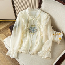 批发新中式盘扣长袖雪纺衬衫春季设计感木耳边显瘦衬衣洋气减龄上衣女