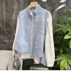 批发民族风中式盘扣牛仔<b class='q'>马甲</b>背心外穿新款大码旗袍上衣无袖开衫外套女