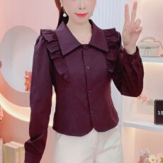 批发2025年新款早秋法式复古荷叶边显瘦短款<b class='q'>衬衫</b><b class='q'>女士</b>百搭纯色长袖<b class='q'>衬衣</b>