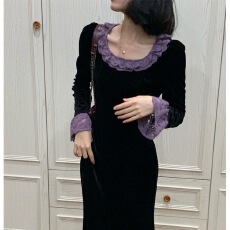 批发法式蕾丝拼接黑色赫本风连衣裙女秋季高级感小黑裙包臀鱼尾<b class='q'>长裙</b>子