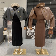 批发美拉德短款pu皮夹克<b class='q'>外套</b>辣妹套装女秋季收腰高领连衣裙长裙两件套