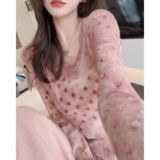 批发粉色微透波点长袖t恤女装春秋季2025年新款上衣修身网纱防晒<b class='q'>罩衫</b>