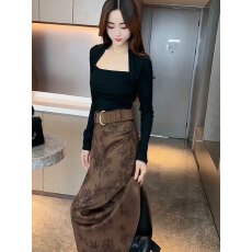 批发含腰带/名媛风气质洋气插肩袖显瘦中长款麂皮绒<b class='q'>半身裙</b>伞<b class='q'>裙</b>