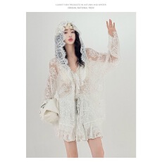 批发法式浪漫白色<b class='q'>蕾丝</b>钩花防晒<b class='q'>衬衫</b>新款洋气微透设计显瘦连帽百搭上衣