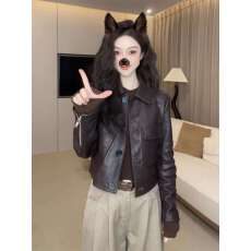 批发美拉德咖色短款<b class='q'>皮衣</b>外套女早秋2025新款酷飒风翻领夹克机车服上衣