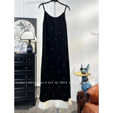 批发Mary香风重工法式气质女装新款拼接黑色丝绒名媛吊带<b class='q'>连衣裙</b>