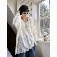 批发女装秋季新款宽松连帽<b class='q'>中长款</b>蕾丝衫法式慵懒风休闲上衣