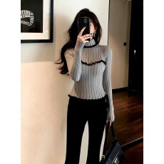 批发简约通勤高领木耳边针织衫女秋冬修身套头<b class='q'>打底衫</b>毛衣气质长袖上衣