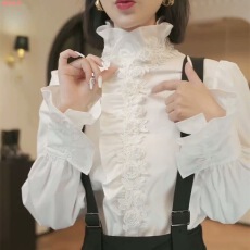 批发韩版纯色提花衬衣女2025秋<b class='q'>冬</b>季新花边领长袖上衣宽松正肩洋气上衣