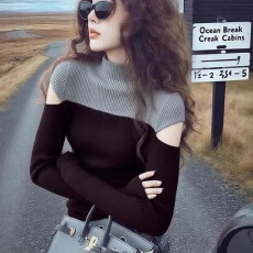 批发拼色露肩长袖秋冬季针织衫2025设计半高领修身新款打底上衣毛衣女