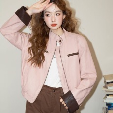 批发复古简约<b class='q'>皮衣</b>粉色外套<b class='q'>机车</b>新款2025独特宽松遮肉撞色上衣休闲夹克