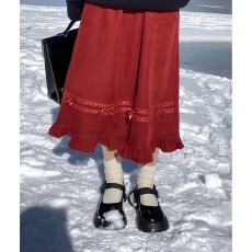 批发复古设计感小众裙子少女加厚百搭中长款a字蝴蝶结红色<b class='q'>半身</b>裙秋冬