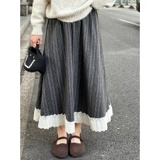 批发复古蕾丝花边竖条纹毛呢<b class='q'>半身</b>裙女秋冬季高腰松紧A字裙中长款伞裙