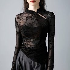 批发中式国风<b class='q'>网纱</b>打底新款印花透视性感气质内搭打底衫时尚T恤长袖衫
