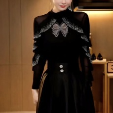 批发微透烫钻蝴蝶跳舞荷叶花边亮闪闪<b class='q'>网纱</b>拼接高档大气设计时尚打底衫