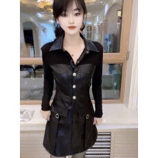 批发2025年冬季新款英伦街头风时尚连衣裙女长袖翻领单排扣收腰中长裙