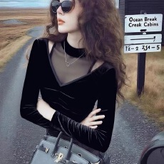 批发法式<b class='q'>网纱</b>拼接黑色丝绒打底衫女内搭镂空露肩修身显瘦长袖上衣秋冬