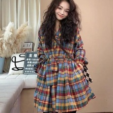 批发法式气质别致宽松系带<b class='q'>格子</b>衬衣裙2025早春新款时尚简约长袖短裙