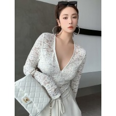 批发法式高级感辣妹V领<b class='q'>长袖</b>蕾丝衫女秋季新款气质内搭短款打底衫上衣