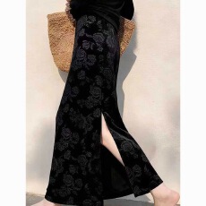 秋冬2025新款丝绒提花半身裙显瘦国风开叉包臀打底裙子